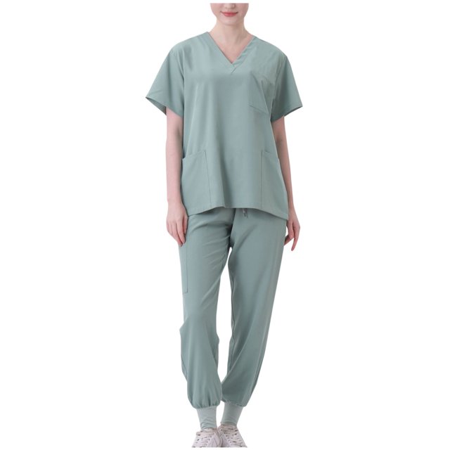Pisexur Women's Solid Color Stretch Scrub Set, V Neck, Short Sleeve, Small