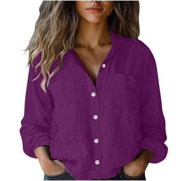 Button Down Shirts for Women Dressy Casual Cotton Linen Shirt Long Sleeve Tops Solid Office Business Work Blouses, Dark Purple, S