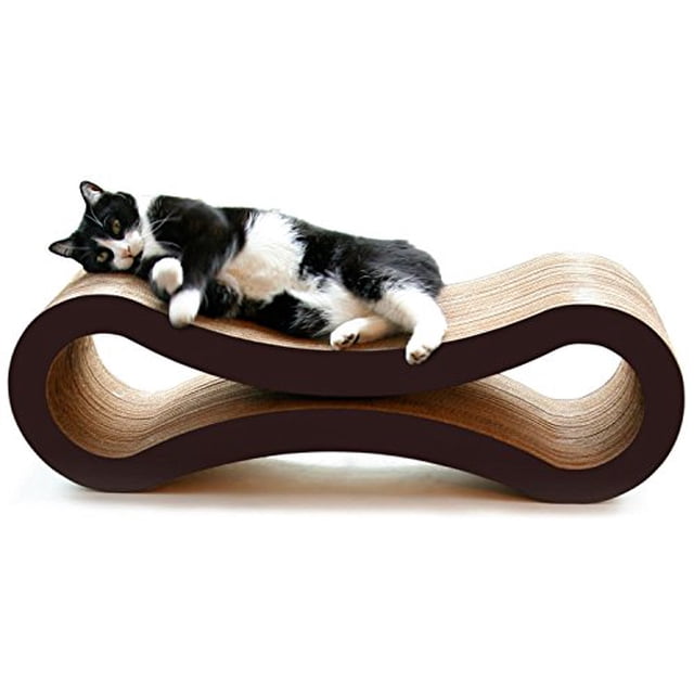 PetFusion Cat Scratcher Lounge - Deluxe (Walnut Brown) with an elegant infinity-shaped design, combining a dark walnut brown finish and a corrugated cardboard scratching surface. A black and white cat is reclining on the top curve, showcasing its use as both a scratcher and a lounge. Ideal for cats of various sizes.