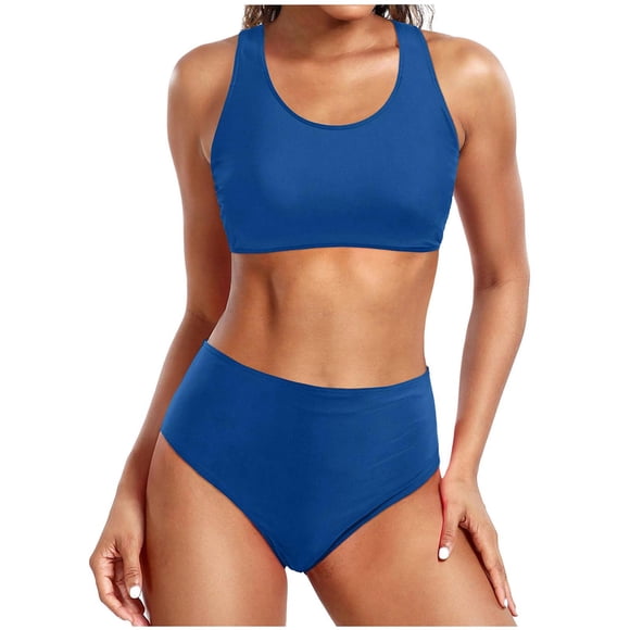 Tungbrin Womens Bikini Sets 2 Piece High Waited Sports Swimsuit Summer Beach Solid Color Round Neck Bathing Suits