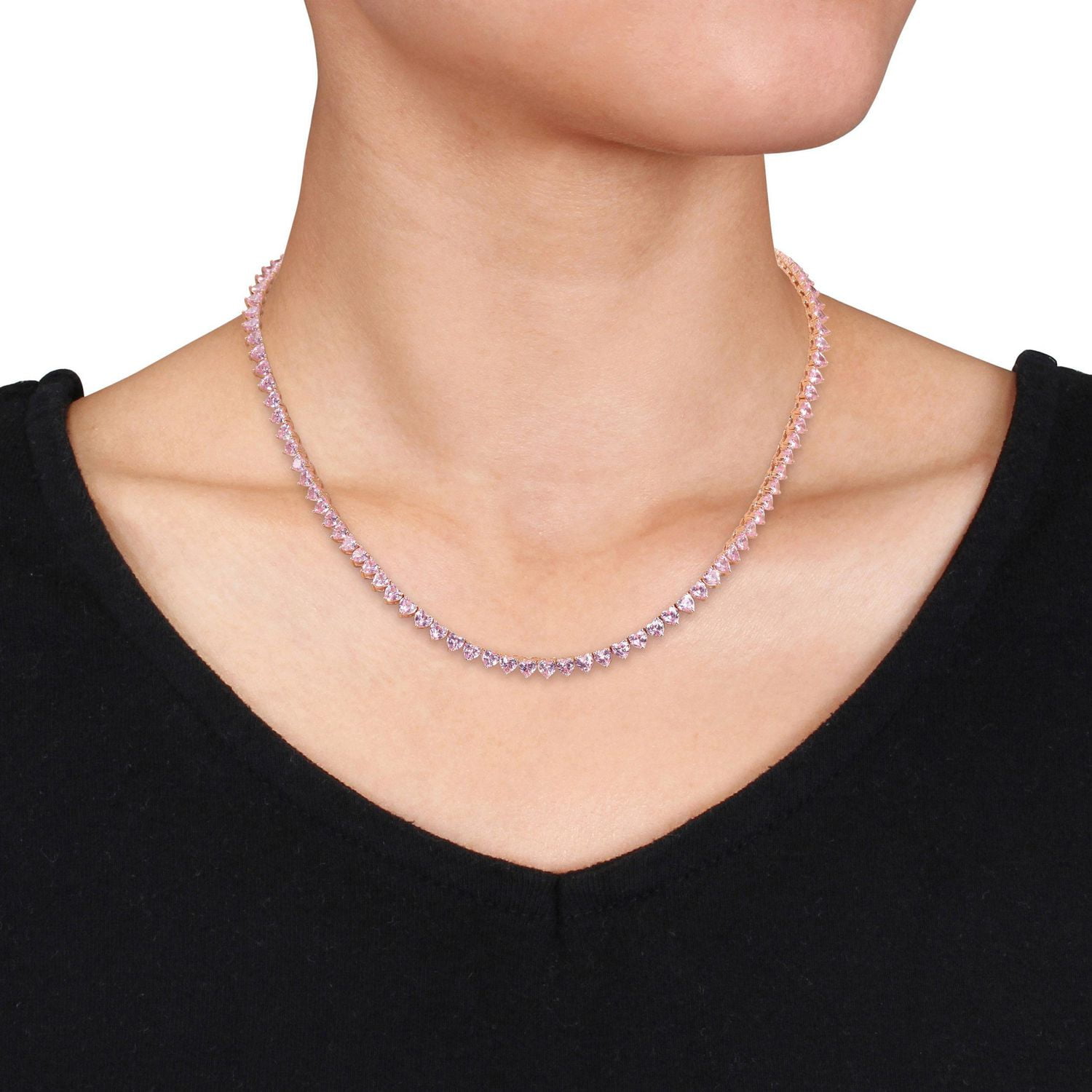 Collier tennis en forme de coeur Miabella avec 31 Carat PBT de Saphir Rose Synthétique en Argent Sterling Plaqué Rose
