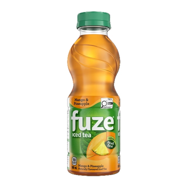 Fuze Iced Tea Mango Pineapple in a 500 ml clear plastic bottle with a green screw cap, featuring a green and orange label with mango and pineapple images, made with real tea and natural flavours, lightly sweetened, often used for refreshing hydration.