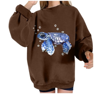 Pompotops Women Wild Ocean Print Loose O-Neck Long-Sleeved Fleece Oversized Sweatshirt Pullover