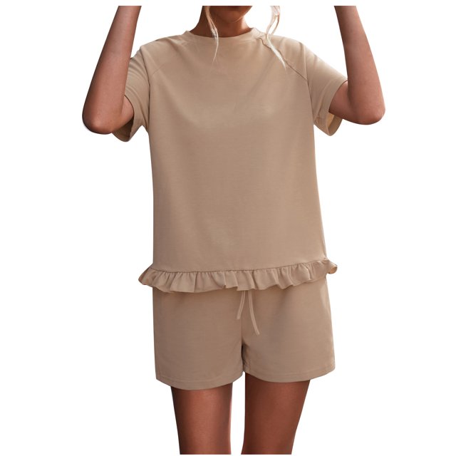Birdeem Womens Spring and Summer Plain Round Neck Ruffle Short Sleeve Shorts Casual Suit