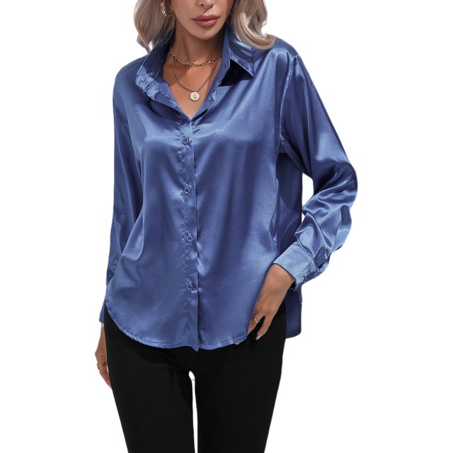 Innerwin Shirts Long Sleeve Ladies Tunic Tops Office Button Down Soft Blouse Blue L