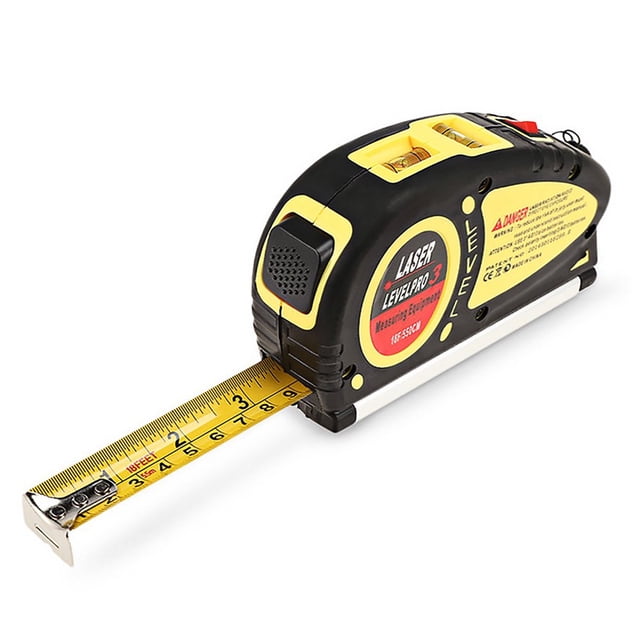 EIGTHTAIL 4 in 1 Laser Tape Measure with double-level bubble and laser measurement tool, featuring a 65ft/20m laser level. The tool has a dual-tone yellow and black ABS plastic body with a rubber-coated shell for durability and grip. It includes a 5.5-meter steel tape measure, a cross-line laser, and dual measurement bubbles for precise alignment. The aluminum alloy base enhances sturdiness, and the compact design is ideal for home improvement tasks like hanging pictures or aligning shelves.