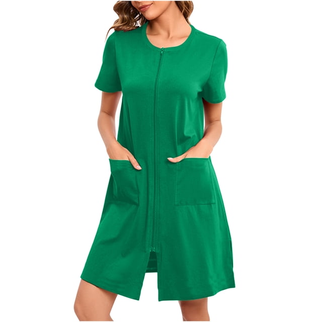 Erwazi Women Robes Zipper Front Short Sleeve Long Robe Housecoat with Pockets Loungewear