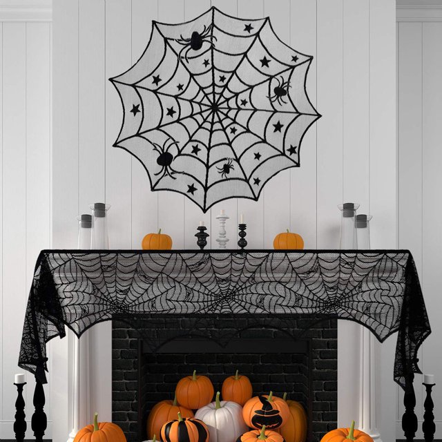 HOARBOEG Halloween Spiderweb Tablecloth Black Lace Bats Spider Party Table Decor Curtain