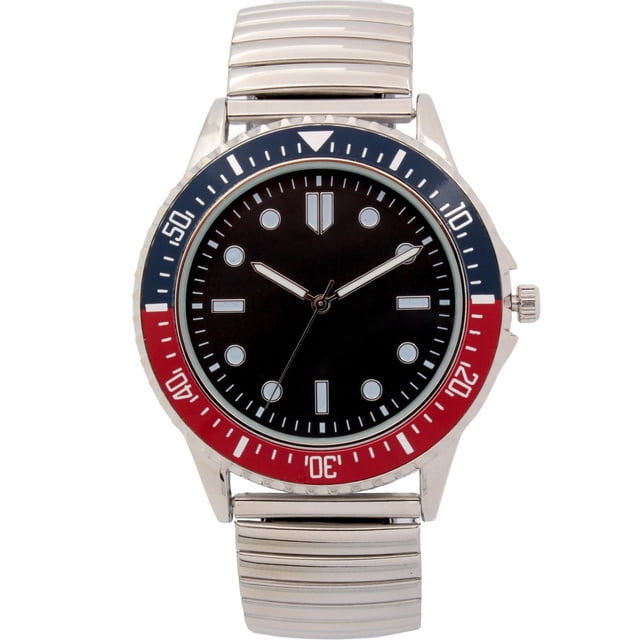 George Montre d'Extension pour Homme Argentée avec Boîtier en Acier Inoxydable de 40 mm et Lunette Bicolore Bleu Marine et Rouge. Elle Présente un Cadran Noir à Rayons de Soleil avec des Marqueurs d'Heure et des Aiguilles Lumineux, un Bracelet d'Extension en Acier Inoxydable de 20 mm, et un Mouvement à quartz Japon avec Pile Longue Durée Incluse. Souvent Utilisée comme Montre Confortable de Tous les Jours avec Bracelet d'Extension à Ajustement Facile.