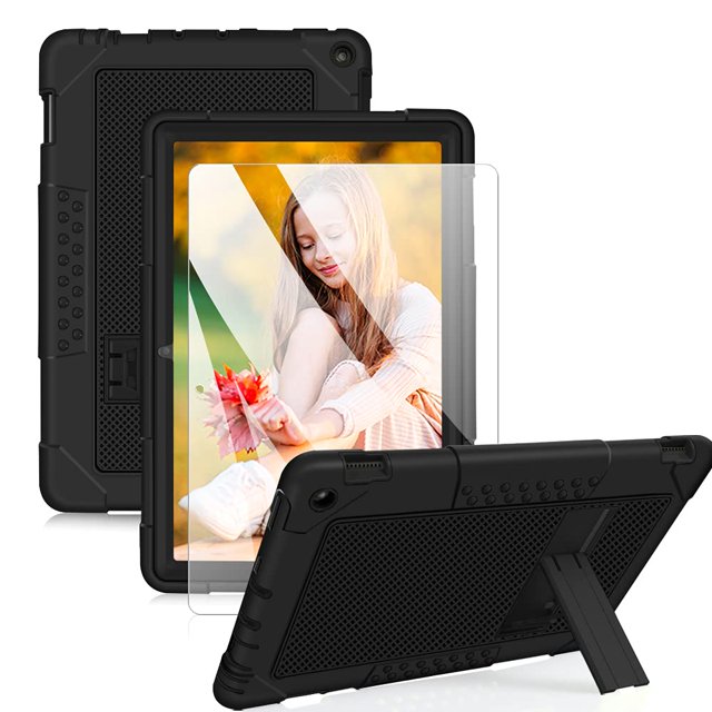 Mignova pour Fire HD 10 Case, Heavy-Duty Drop-Proof Shock-Resistant Rugged Protective Case (avec Support) pour All-New Amazon Fire HD 10 & Fire HD 10 Plus (11e Génération, Version 2021) (Noir/noir+1 Pack)