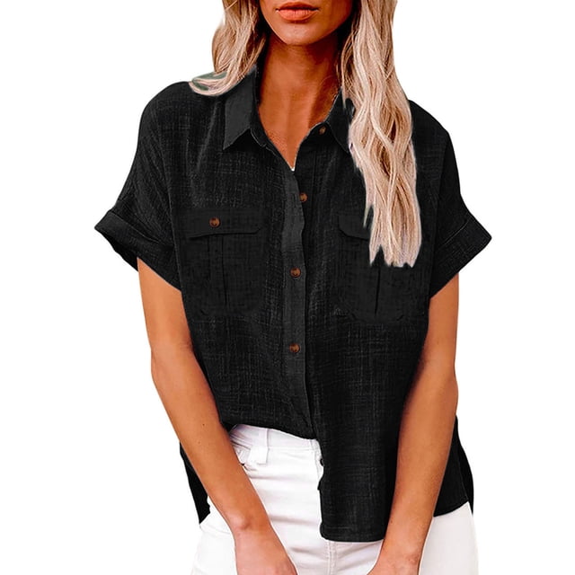 fheaev Button Down Shirts For Women Roll Up Short Sleeve Button Up V-Neck T-Shirt Loose Blouse Tops Work Blouses Collared Tops Tunics With Pocket