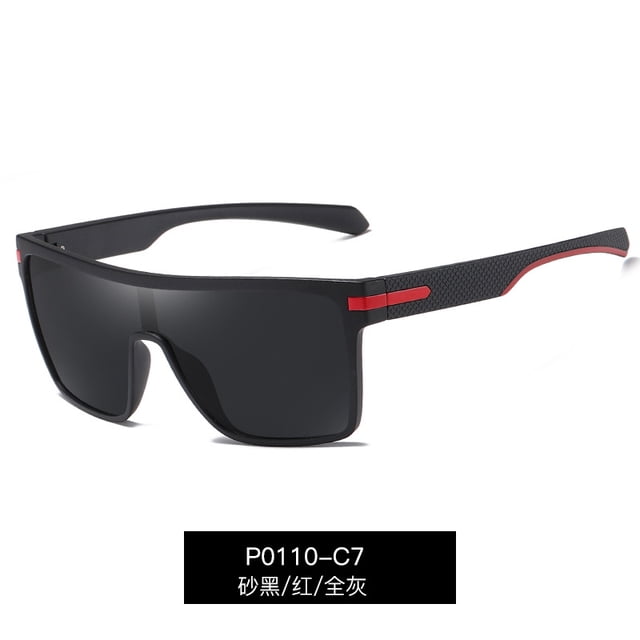 P0110 Personalized Siamese Large Frame Sunglasses for men featuring a bold, oversized design with black polarized lenses and a sleek black frame accented by red details on the temples. These sunglasses offer UV400 protection, reducing glare and eye strain, making them ideal for driving and outdoor activities. The durable construction ensures long-lasting use, while the trendy style complements both casual and formal attire.
