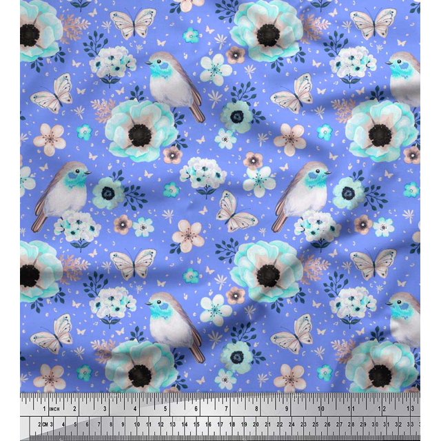 Soimoi Cotton Cambric Fabric Robin,Butterfly & Anemone Floral Fabric Prints by Yard 56 Inch Wide