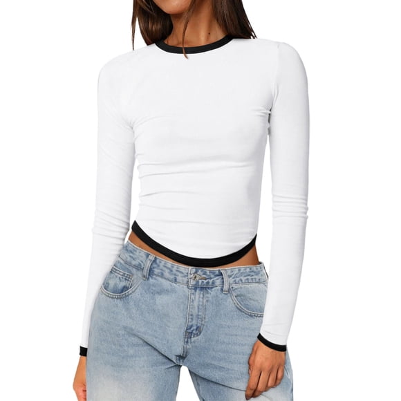 HUITKMM Cotton Shirts Women Women’S Slim Tops Long Sleeve Round Neck Crop Top Tee Shirt Basic Solid Tight Slim Fit Cropped Shirt Workout Yoga Long Sleeve Shirts Crop Tops Basic Slim Fit T Shirts