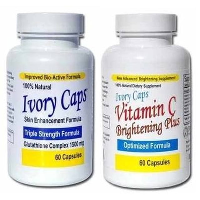 Ivory Caps Skin Support Pill and Vitamin C Plus bottles. The left bottle features a skin enhancement formula with triple strength glutathione complex 1500 mg, containing 60 capsules. The right bottle highlights a brightening plus formula with optimized vitamin C, also containing 60 capsules. These skin supplement and vitamin capsules are white with blue and yellow accents.