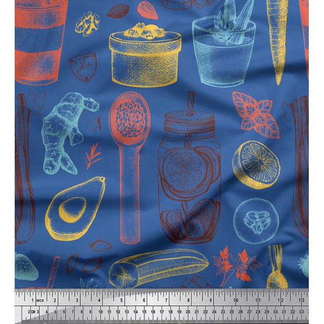 Soimoi Poly Georgette Fabric Vegetables,Jar & Cups Print Fabric by the Yard 52 Inch Wide
