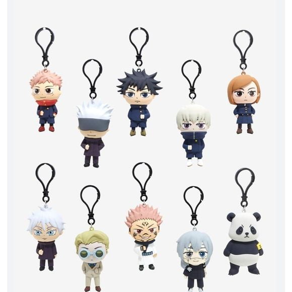 Jujutsu Kaisen Mystery Hanger Keychain Blind Pack featuring 10 chibi-style collectible character keychains from the anime, each with a black clip for attaching to travel bags, backpacks, or keys, suitable as anime merchandise and travel accessories.