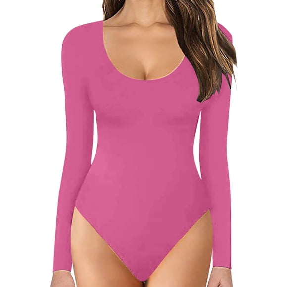 Hontri Women Onesises, Womens Crew Neck Long Sleeve Bodysuit Comfortable Against The Skin Tops Sexy Body Suits Women Clothing Hot Pink L under $10