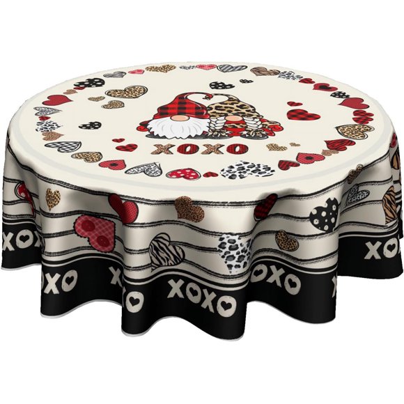 Valentines Day Tablecloth 60 Inch Round Black Stripe Love Heart Washable Table Cover Holiday Decorative for Banquet Party Picnic Dinner