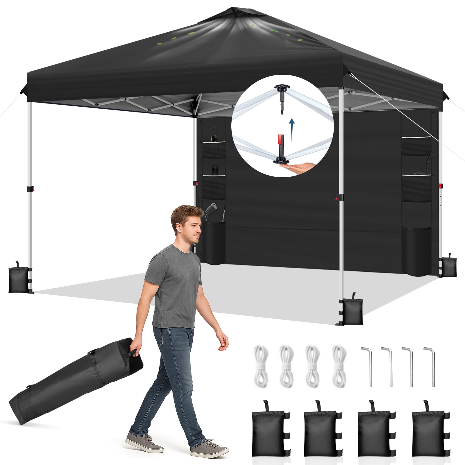 Ktaxon 10x10 Ez Pop Up Canopy Tent,Outdoor Sun Shade Shelter,Outdoor Gazebo,One Push Setup with Pockets Sidewall,1 Roller Bag,4 Sandbags,UPF50+ - Black