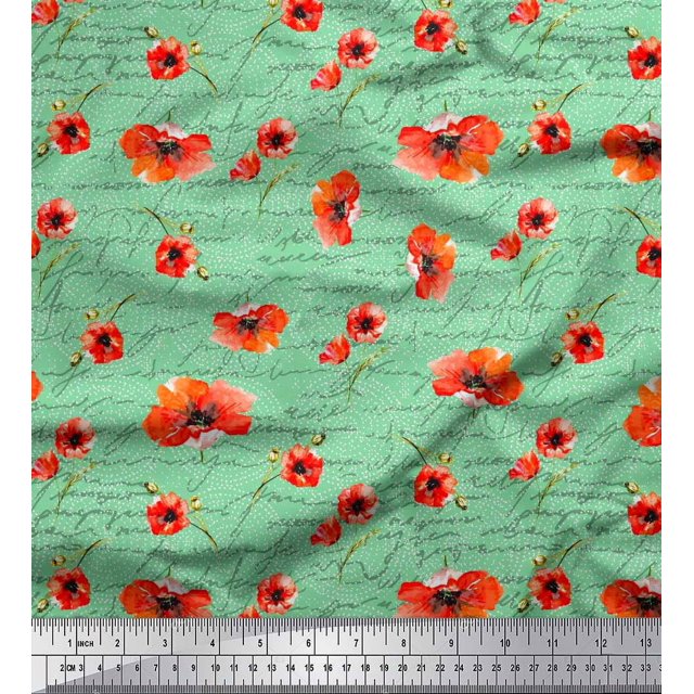 Soimoi Green Modal Satin Fabric Text & Poppy Floral Print Sewing Fabric Yard 42 Inch Wide