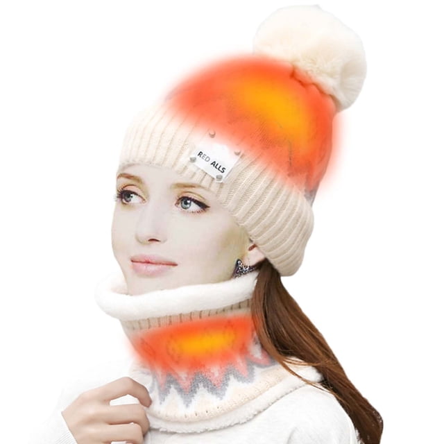 QTBIUQ USB Heated Hat and Scarf Set USB Smart Charging Neck Protector Winter Women Plus Cold Warmth Heating Hat Scarf Set