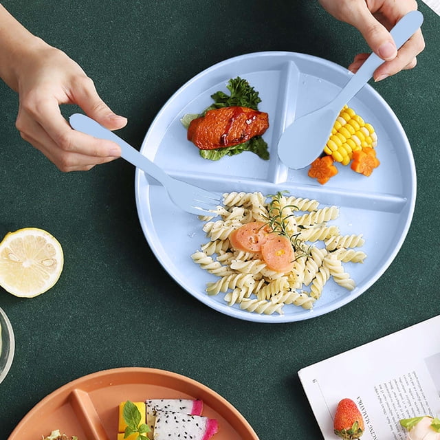 Dividing Tableware Set, Partitioned Plates with Spoon, Fork & Chopsticks, Kitchen Utensils Set for Family Meals, Space-Saving, Microwave Safe, Home & Kitchen Organization