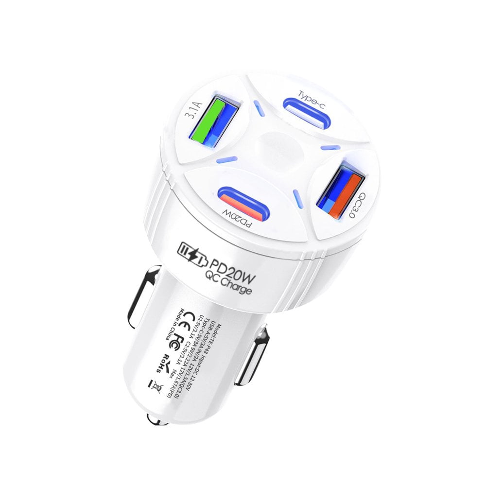 Estbridge Multi Port Car Charger with Quick Charging  4-in-1 Car Adapter for USB and Type-C Devices  High Charging Conversion Rate Car Charger  LED Display Car Charging Adaptor with Prote