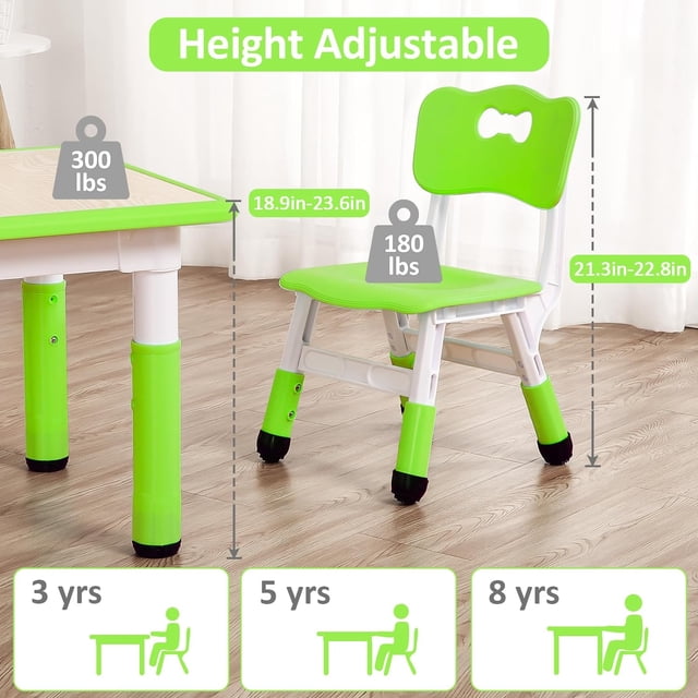 OUYAWEI Table and Chairs Set for Ages 2-10, Height Adjustable Desk with 4 Seats,Arts & Crafts Table,Graffiti Desktop, Non-Slip Legs, Max 300lbs, Children Multi-Activity Table for Classrooms,Daycares