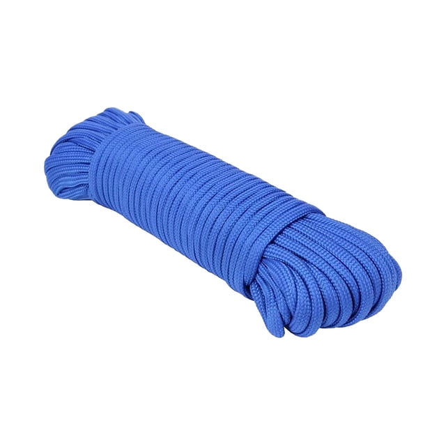 50 Foot Blue Boat Rope Parachute 550 Cord Type III 7 Strand Paracord made of UV-resistant polypropylene, coiled neatly for display. Designed for camping accessories, climbing paracord, flag poles, clotheslines, and crafting. Features 550lb load capacity and 7-strand core for durability and versatility.