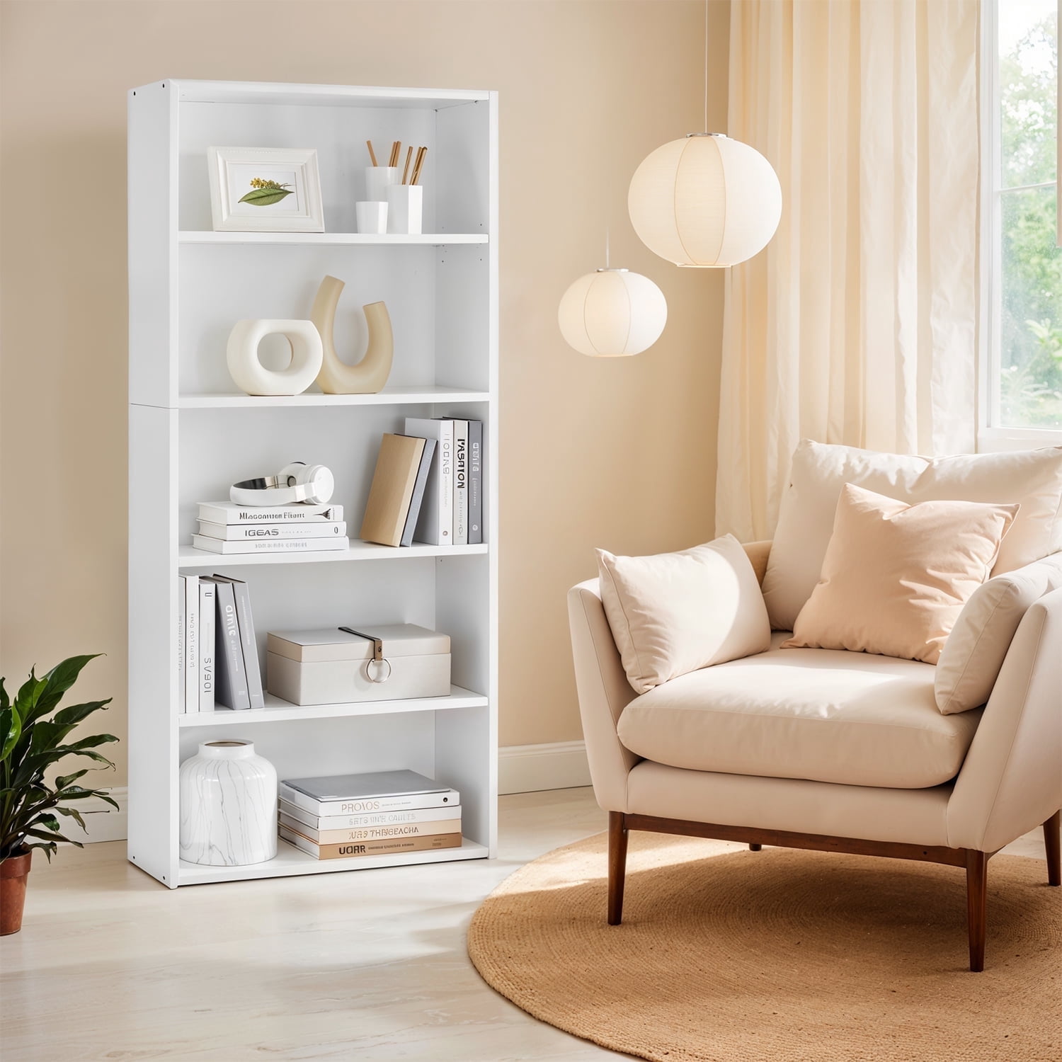LEDREM 5-Tier Adjustable Bookcase, Open Bookshelf, Storage Shelf Organizer, 22lb Capacity per Shelf, for Home, Office Cloud White