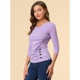 thumbnail image 2 of INSPIRE CHIC Women's Button Decor V Neck 3/4 Sleeve Solid Blouse Knitted Ruched Top, 2 of 6