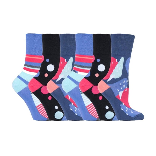 Gentle Grip - 6 Pairs Ladies Gentle Grip Non Elastic Socks featuring a variety of colourful patterns, including stripes, polka dots, and abstract designs. These cotton-rich socks are designed with a HoneyComb Top for comfort, making them ideal for individuals with circulatory issues or swollen feet. The flat seamed toes enhance wearability, and the gentle grip tops ensure they stay in place without causing constriction. Suitable for daily wear and perfect for maintaining foot comfort.