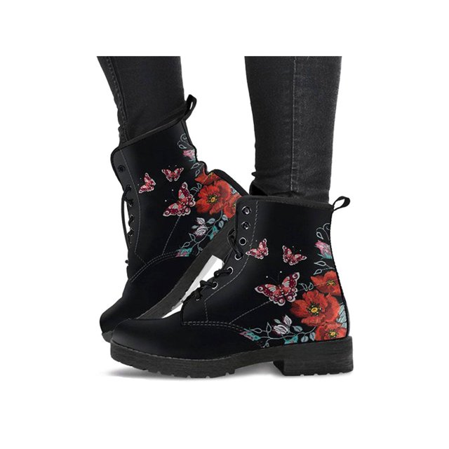 UKAP Women Leather Boot Floral Short Bootie Lace Up Ankle Boots Work Booties Waterproof Butterfly 9