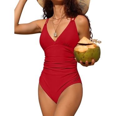 Charmo Womens V Neck One Piece Swimsuits Ruched Tummy Control Monokini Bathing Suits