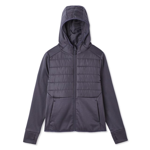 George Manteau Hybride pour Garçons en Gris Foncé avec Panneaux de Poitrine Matelassés et Capuchon, Manches Longues avec Passe-Pouces, Fermeture Éclair Complète à l'Avant, Deux Poches sur les Coutures et Ourlet Droit, Fabriqué en Matériau durable pour les Vêtements d'Extérieur des Garçons et Convient à la Superposition Lors des Journées Vives.