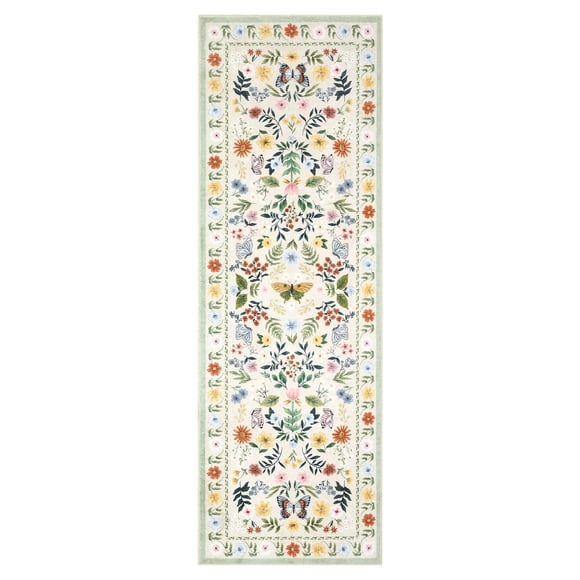 Washable Floral Boho Runner Rug 2x6 Ft - Non Slip Low Pile Carpet - Soft Stain Resistant Floor Rug for Hallway Kitchen Entryway - Modern Accent Collapsible Easy Clean Design - Beige