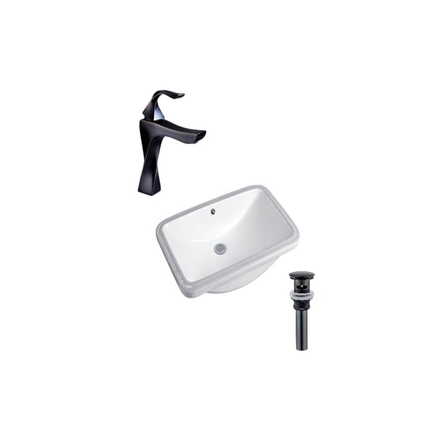 DROP Bath and Kitchen DR091170 undermount bathroom sink set with a rectangular white ceramic sink featuring a glossy, stain-resistant finish, paired with a black single-hole faucet and black drain with overflow, designed for undermount installation and transitional bathroom styles.