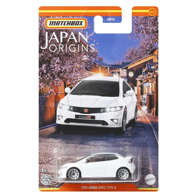 Matchbox 2008 Honda Civic Type R 1:64 scale die-cast vehicle in white with rolling wheels and detailed sculpt, shown in packaging featuring a Japanese street with cherry blossoms, part of the Japan Origins series for kids ages 3 and up, ideal for collecting and imaginative play.