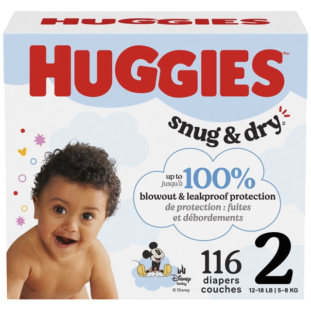 Huggies Snug & Dry Baby Diapers Size 2 (12-18 lbs), 116 Count box showing a baby with curly hair, prominent red Huggies logo, text highlighting up to 100% blowout and leakproof protection, and a Disney baby Mickey Mouse design, suitable for babies 12-18 pounds (5-8 kg).