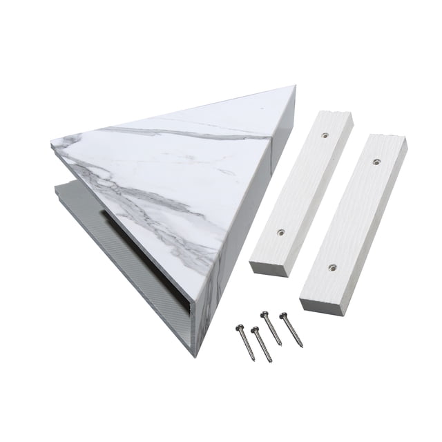 Palisade Vinyl Waterproof Corner Shower Shelf in Carrara Marble / Urban Glacier finish, featuring a triangular design made of durable PVC with a lacquer finish. Includes mounting hardware, two support brackets, and screws for easy installation. The shelf measures 14.56 in. x 7.12 in. x 2 in. and is 100% waterproof, designed to hold up to 50 lbs. Matches Palisade tiles and shower kits for a cohesive bathroom look.