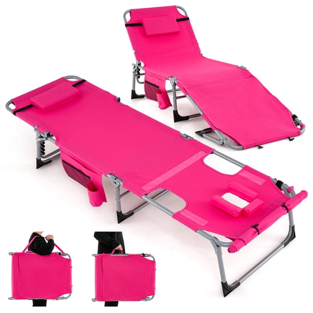 Gymax Outdoor Folding Chaise 5-Position Lounge Chair in pink with a face hole and adjustable footrest. Features a breathable oxford fabric seat, removable headrest, and aluminum legs with non-slip pads. The chair offers five adjustable backrest positions and two footrest positions for versatile use, such as reading, sunbathing, or napping. Includes a cushioned face pillow and arm slots for face-down relaxation. Lightweight and foldable design with a carrying strap for portability. Suitable for outdoor lounging, camping, or office naps.