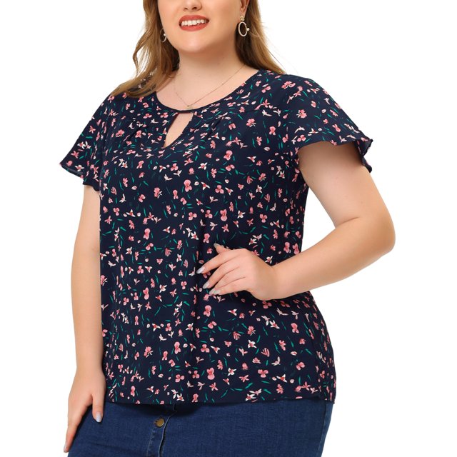 Unique Bargains Women's Plus Size Floral Chiffon Flared Sleeve Blouses