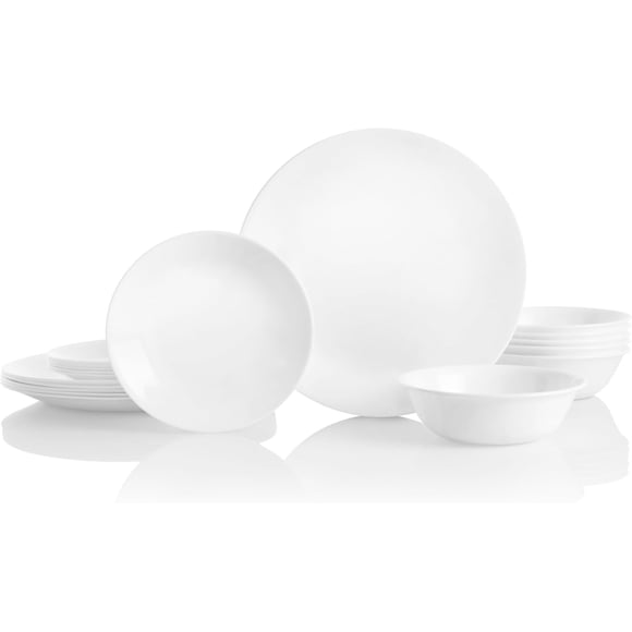 Corelle Vitrelle Ensemble de Vaisselle 18 Pcs pour 6, Verre à Triple Couche et Résistant aux Éclats, Assiettes et Bols Ronds Légers
