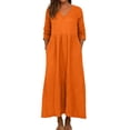 thumbnail image 2 of TIMIFIS Robes d'Été pour Femmes Couleur Unie Col en V Manches 3/4 Longue Robe Décontractée Coupe Ample Taille Haute Maxi Fluide avec Poches, 2 of 7