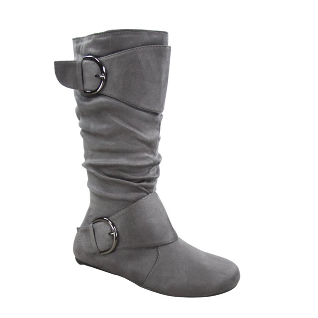 Bottes Mi-Mollet à Bout Rond pour Femmes Zone 70, Confort, Fermeture Éclair, Boucle, Style Plissé Décontracté, Talon Plat ( Gris, 6)
