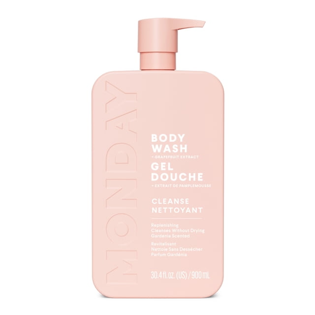 MONDAY Haircare Nettoyant pour le Corps avec Extrait de Pamplemousse dans une Bouteille à Pompe Rectangulaire Rose Doux de 900 ml, avec Texte Blanc Décrivant Son Parfum de Gardénia, Formule Régénératrice Qui Nettoie la Peau Normale à Grasse Sans Sécher.