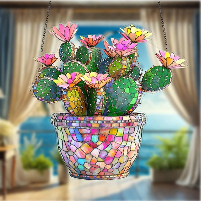 Cactus Flower Acrylic Hanging Decoration 2D Flat Acrylic With Chain Hanging Pendant
