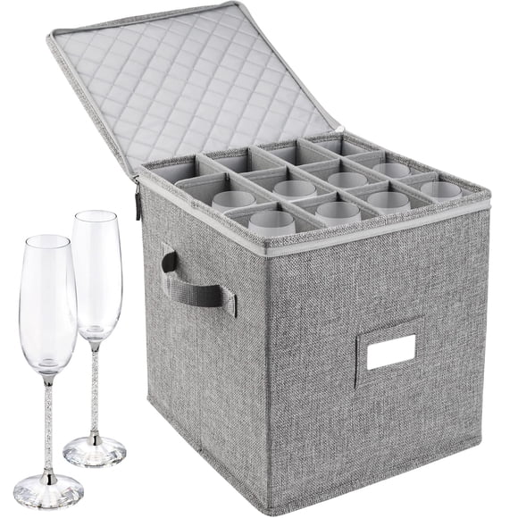 LotFancy Champagne Flute Storage Container, Hard Shell, Stackable, 12" Tall Wine Glass Storage Box with Dividers & Handles, Stemware, Crystal Glassware, Drinkware Case for Moving,