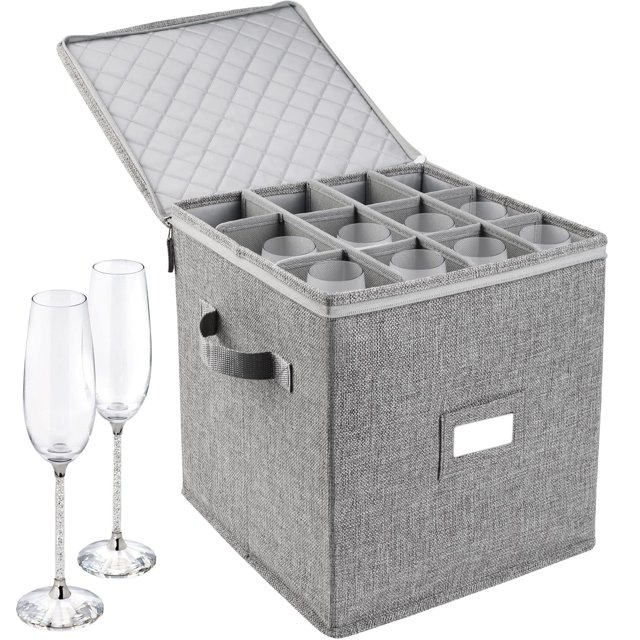 LotFancy Champagne Flute Storage Container, Hard Shell, Stackable, 12" Tall Wine Glass Storage Box with Dividers & Handles, Stemware, Crystal Glassware, Drinkware Case for Moving,